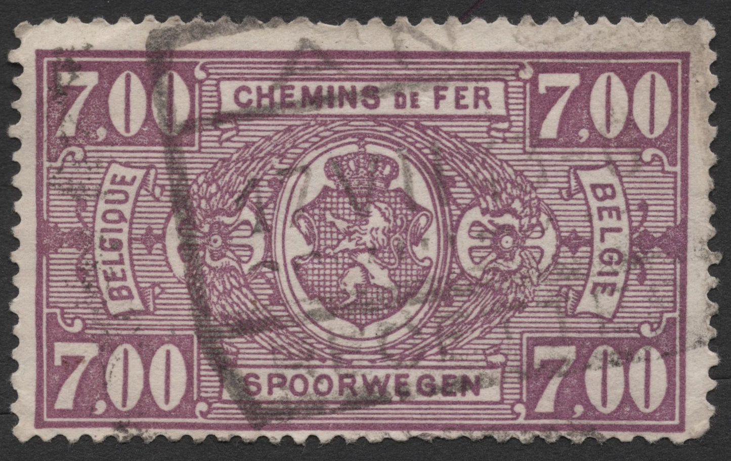 SCG1528 - Belgium 7 Fr – Railway Post with Arms Design (Used)