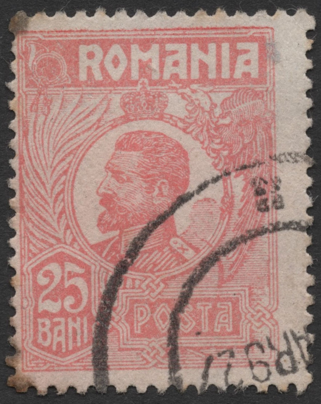 SCG1544 - Romania 25 Bani Red King Carol I Stamp (Used)