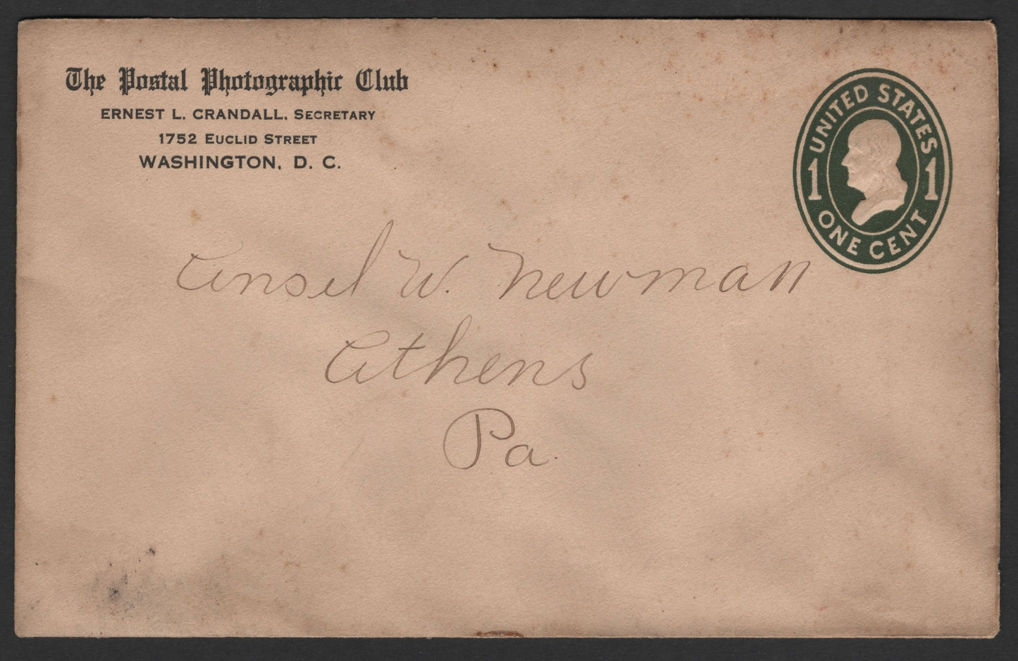 SCG1822 - USA Postal Stationery Envelope – 1 Cent Green Franklin “Postal Photographic Club” Cover