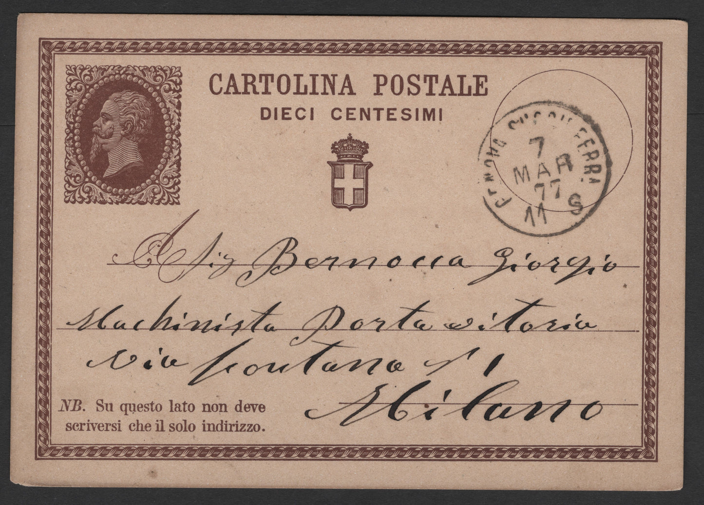 SCG1823 - Italy 1877 Postal Card – 10 Centesimi King Umberto I with Message to Milan