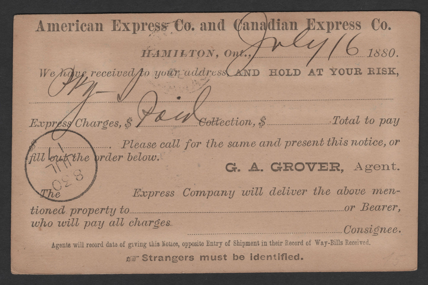 SCG1825 - Canada 1880 Express Notification Postal Card – 1 Cent Queen Victoria (Hamilton, Ontario)