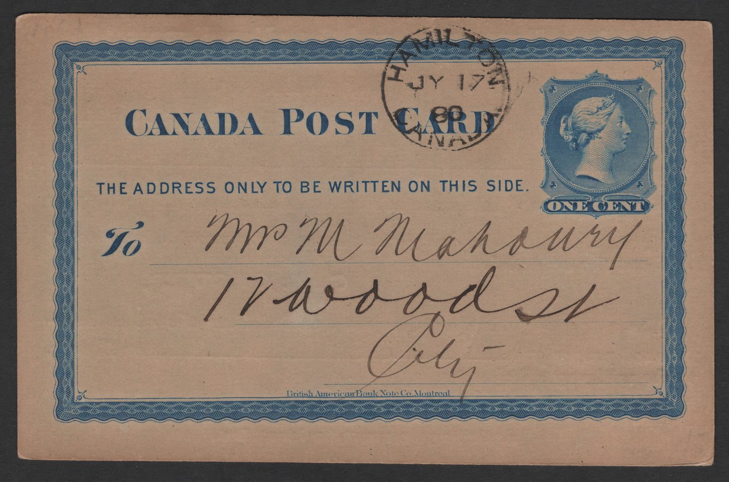 SCG1825 - Canada 1880 Express Notification Postal Card – 1 Cent Queen Victoria (Hamilton, Ontario)