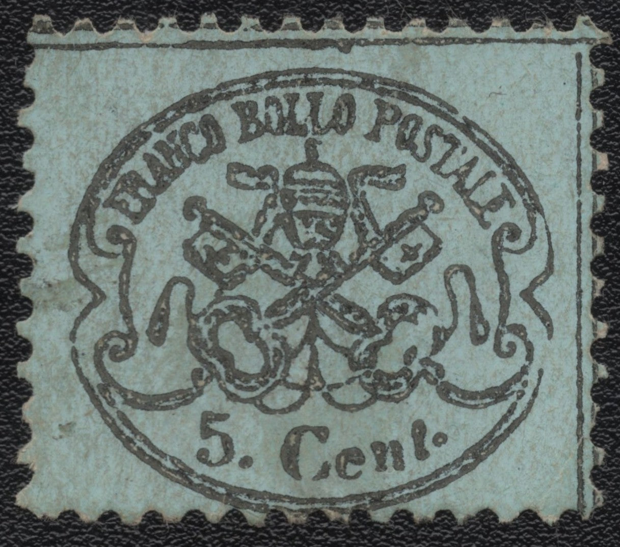 SCG1815 - Papal States 1867 – 5 Centesimi Black on Blue (Perforated, Type II)