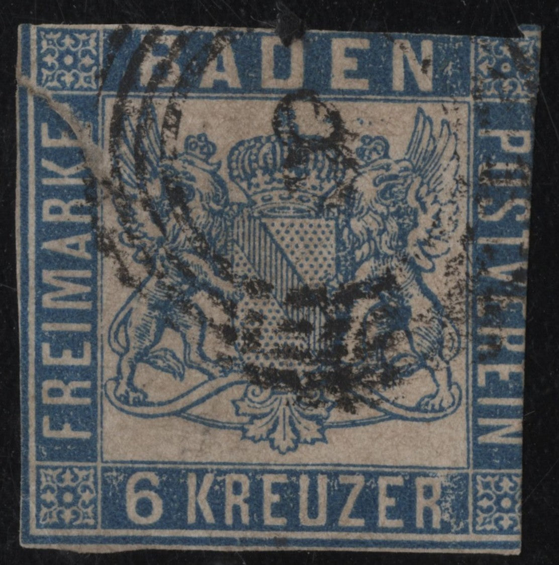 SCG1833 - Baden 1860 – 6 Kreuzer Blue Coat of Arms Stamp (Used)