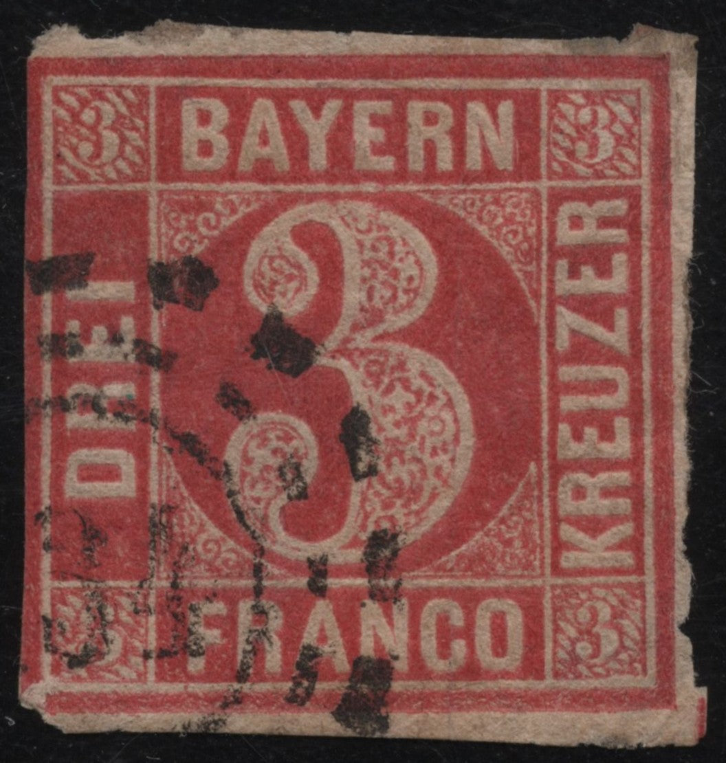 SCG1828 - Bavaria 1850 – 3 Kreuzer Red “DREI” Numeral Issue (First Stamp of Germany)