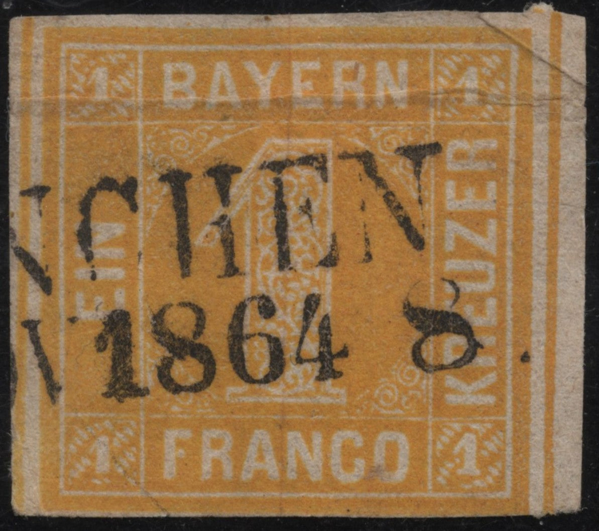 SCG1829 - Bavaria 1862 – 1 Kreuzer Yellow “Eins” Numeral Stamp (Munich Cancel)