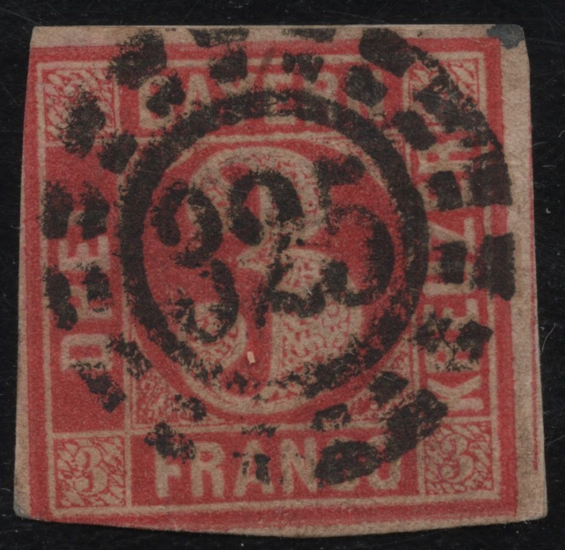 SCG1847 - Bavaria 1867 – 3 Kreuzer Carmine Red with Numeral Cancel "325"
