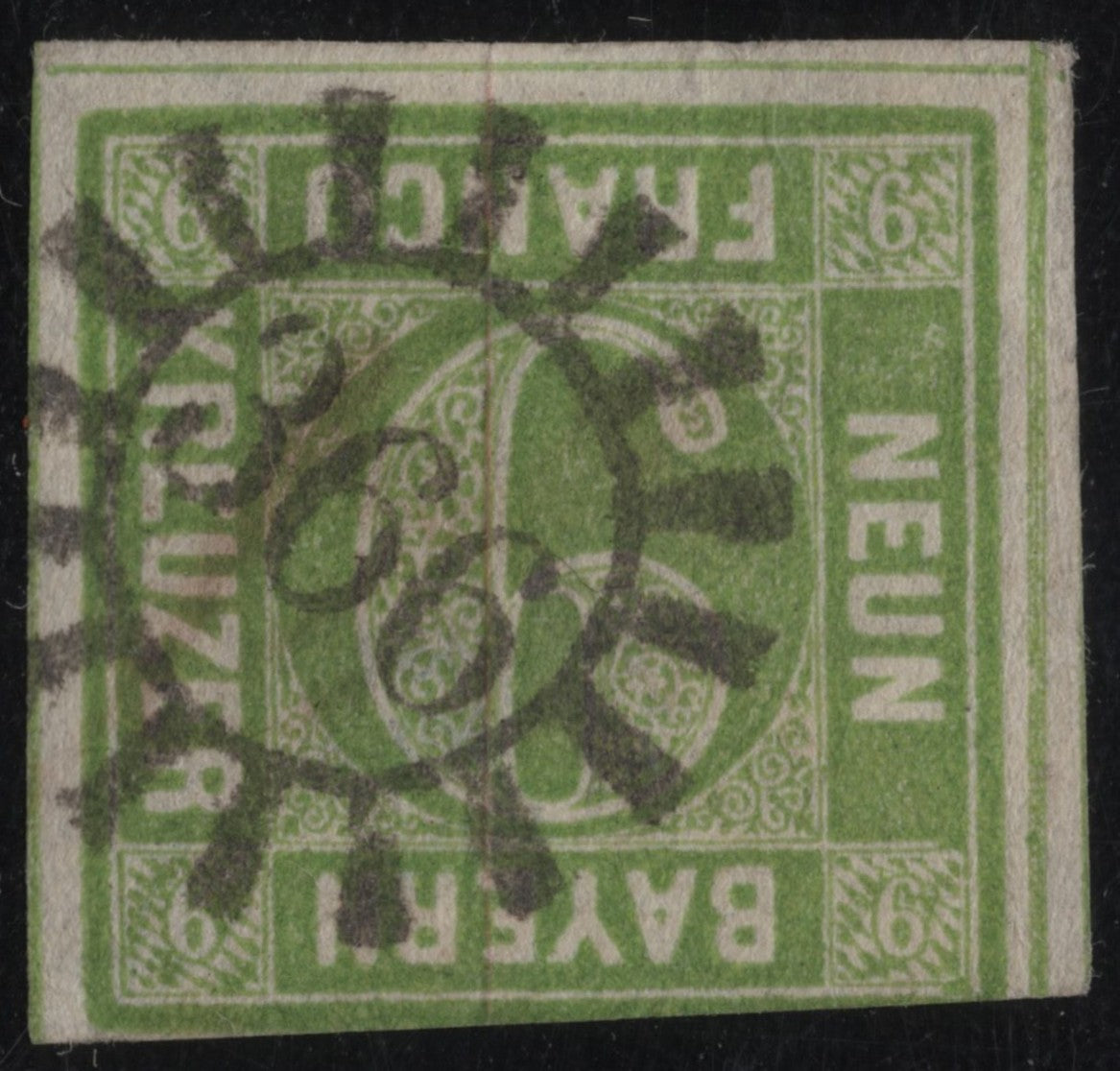 SCG1845 - Bavaria 1867 – 9 Kreuzer Green (Used, Inverted with Cogwheel Cancel "325")