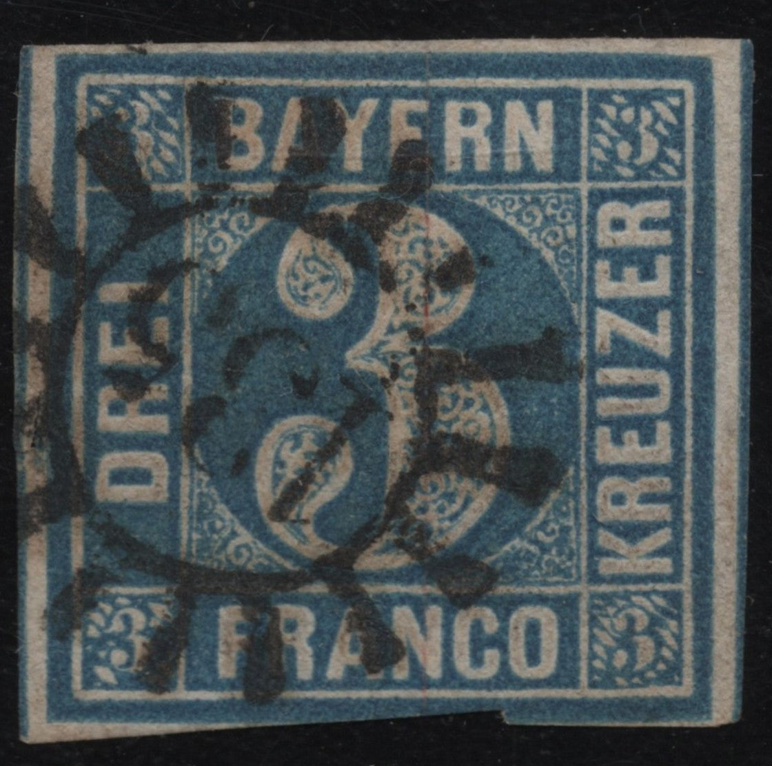 SCG1832 - Bavaria 1867 – 3 Kreuzer Blue “DREI” Numeral Stamp (Used)