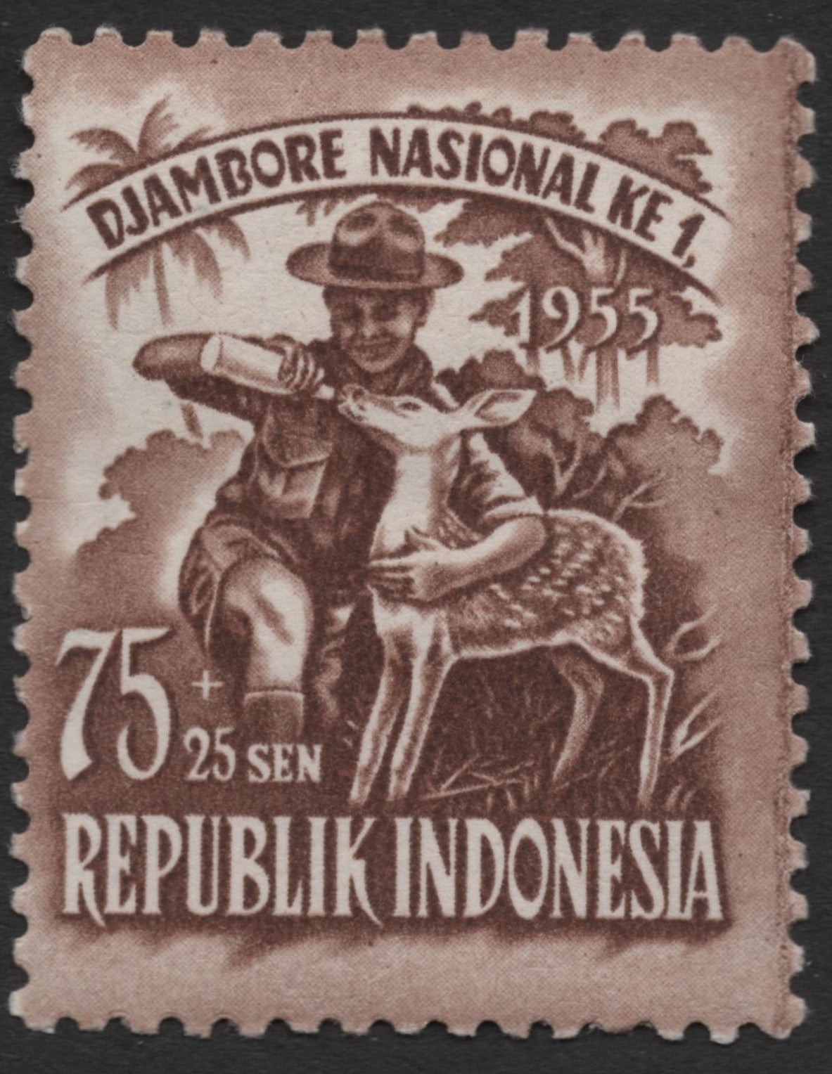 SCG1977 - Indonesia 1955 National Jamboree Stamp – Boy Feeding Fawn