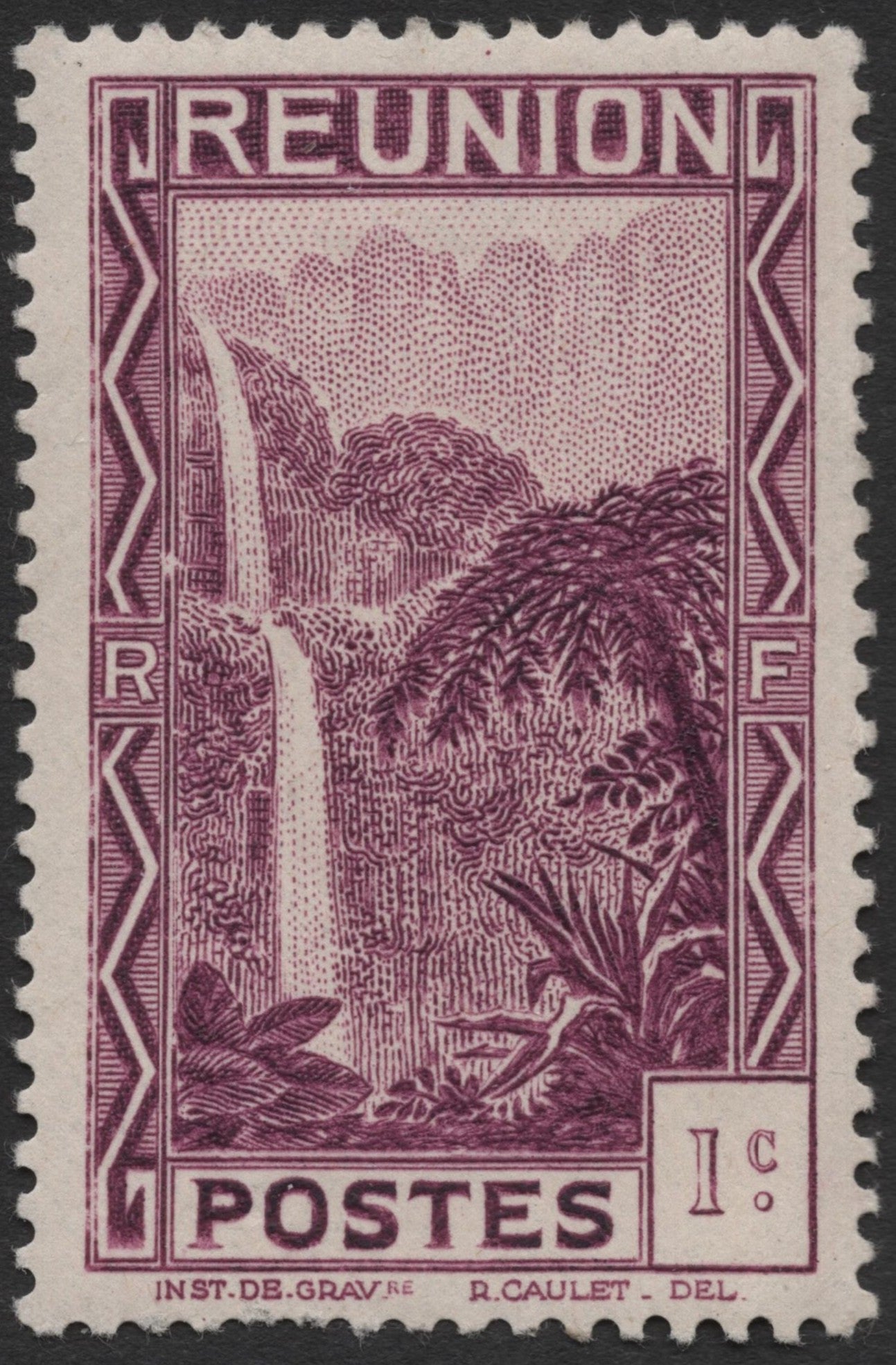 SCG2043 - 1930s Réunion 1c Waterfall Stamp – Tropical Landscape