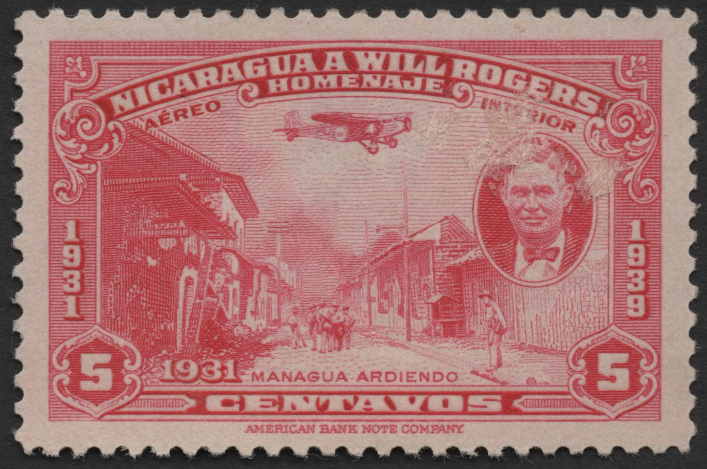 SCG2100 - 1939 Nicaragua Airmail Stamp – Will Rogers Tribute, 5c