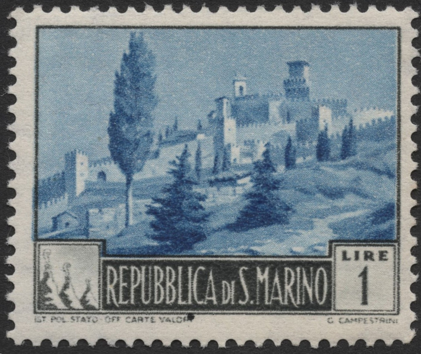 SCG2114 - San Marino 1 Lire Fortress Stamp – 1940s