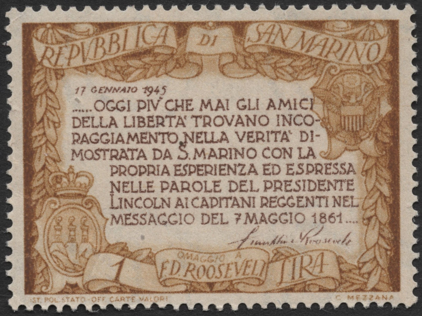 SCG2261 - San Marino 1945 – Tribute to F.D. Roosevelt 1 Lira