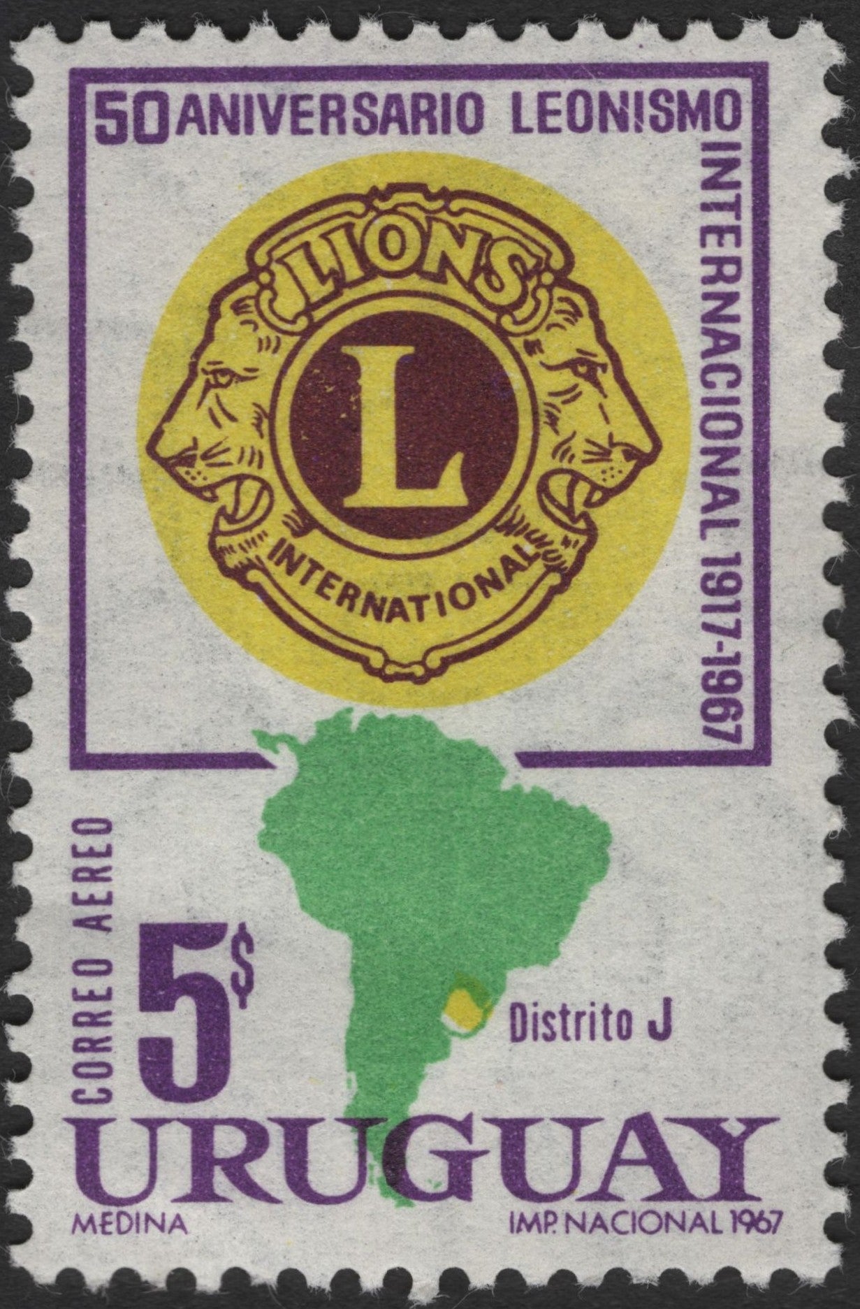 SCG2583 - 1967 Uruguay Lions Club 50th Anniversary Airmail Stamp