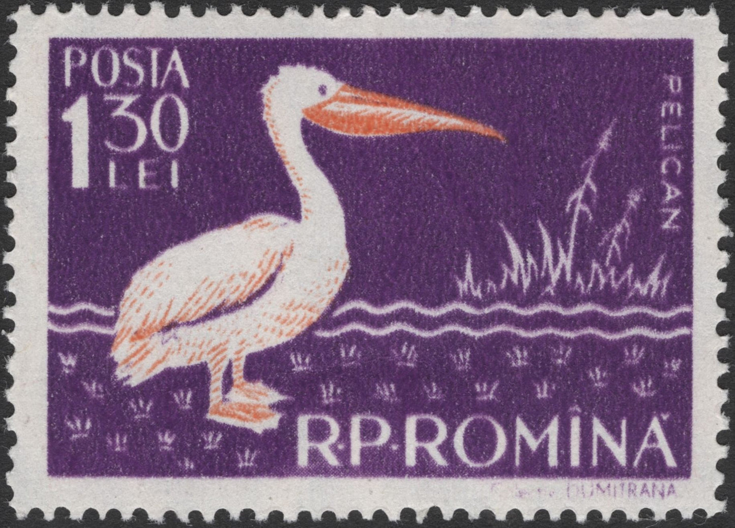 SCG3111 - Romania 1.30 Lei Pelican Stamp – RP Romina