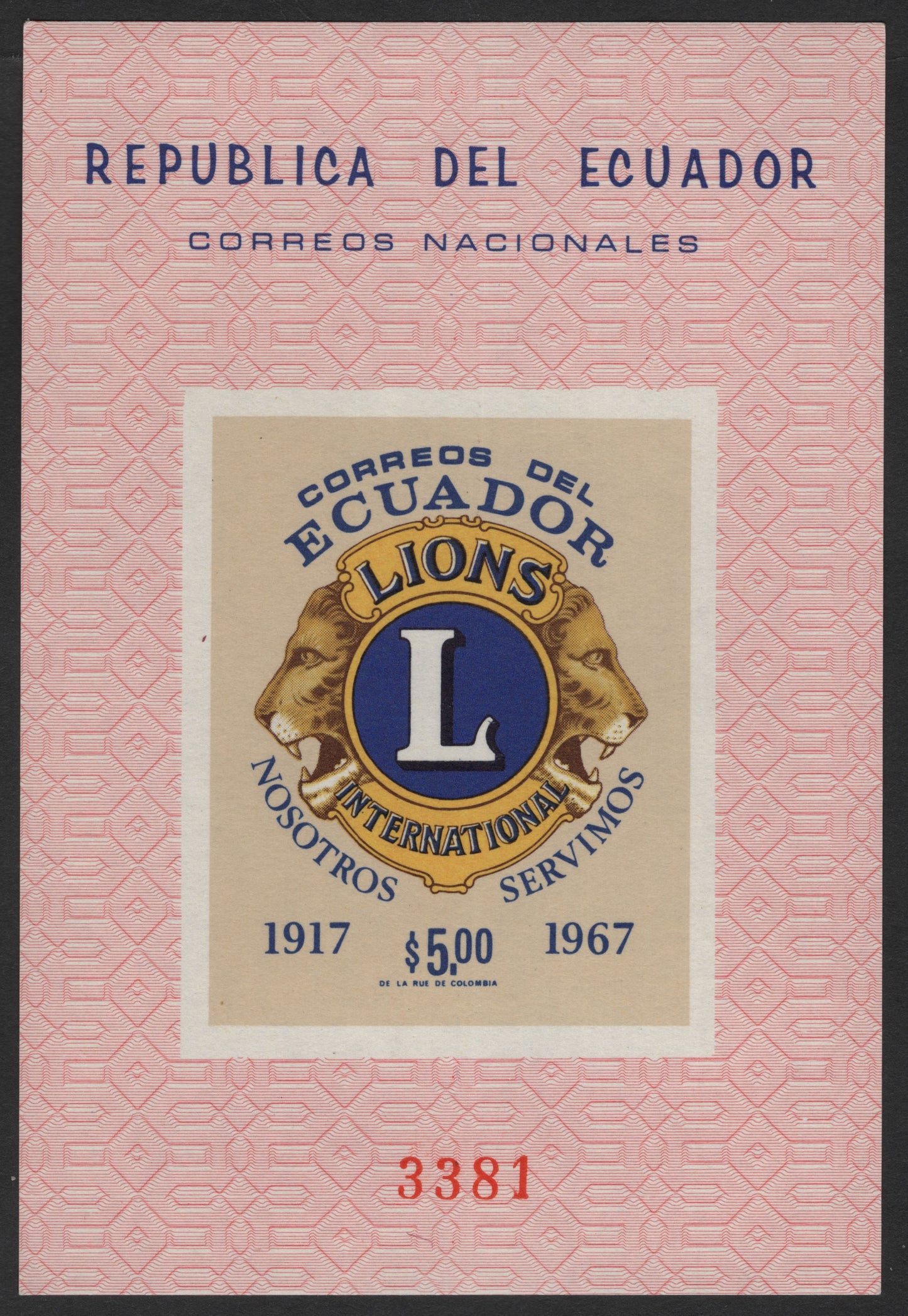 SCG3084 - Ecuador 1967 Lions Club 50th Anniversary Miniature Sheet