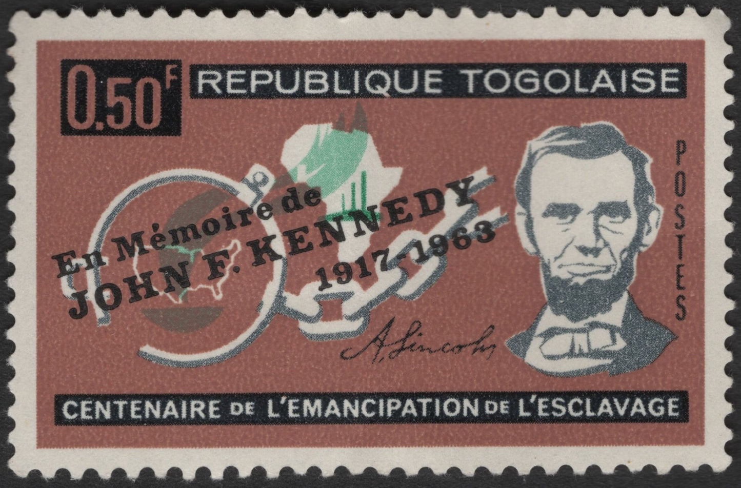 SCG3421 - 1963 Togo Stamp – Centenary of Emancipation & JFK Memorial Overprint