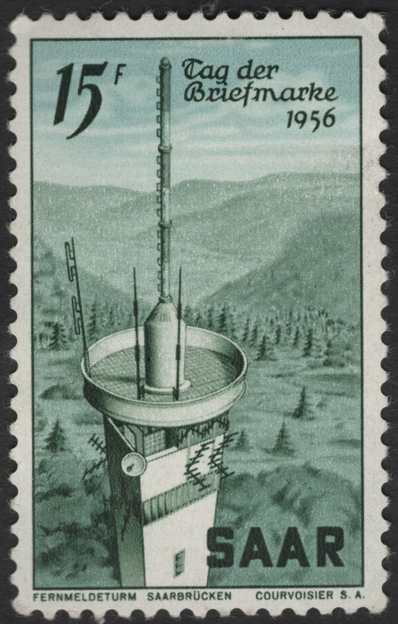 SCG3461 - Saar 1956 Stamp – “Tag der Briefmarke” Featuring Saarbrücken Telecom Tower