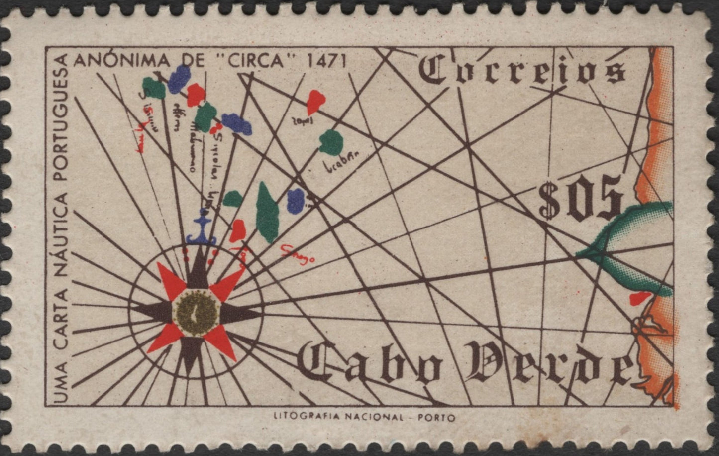 SCG3441 - Cabo Verde 1980s Nautical Chart Stamp – 1471 Portuguese Map
