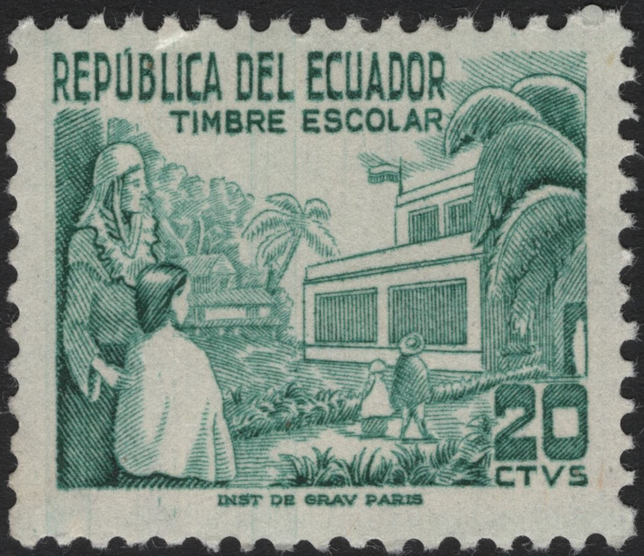 SCG3759 - Ecuador 20 Centavos – School Tax Stamp (c.1940s–1950s)