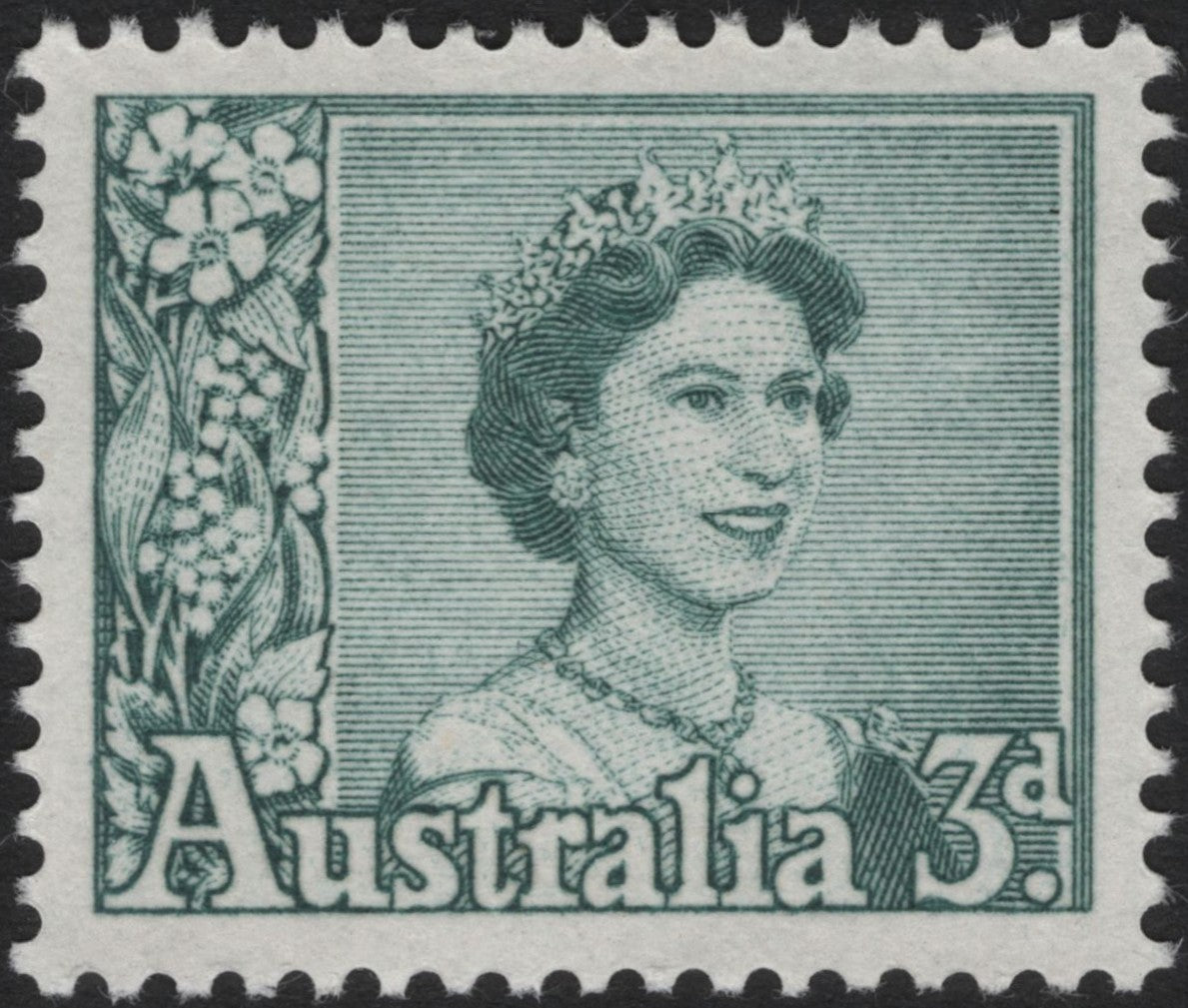 SCG3766 - Australia 1950s – Queen Elizabeth II 3d Green Definitive Stamp