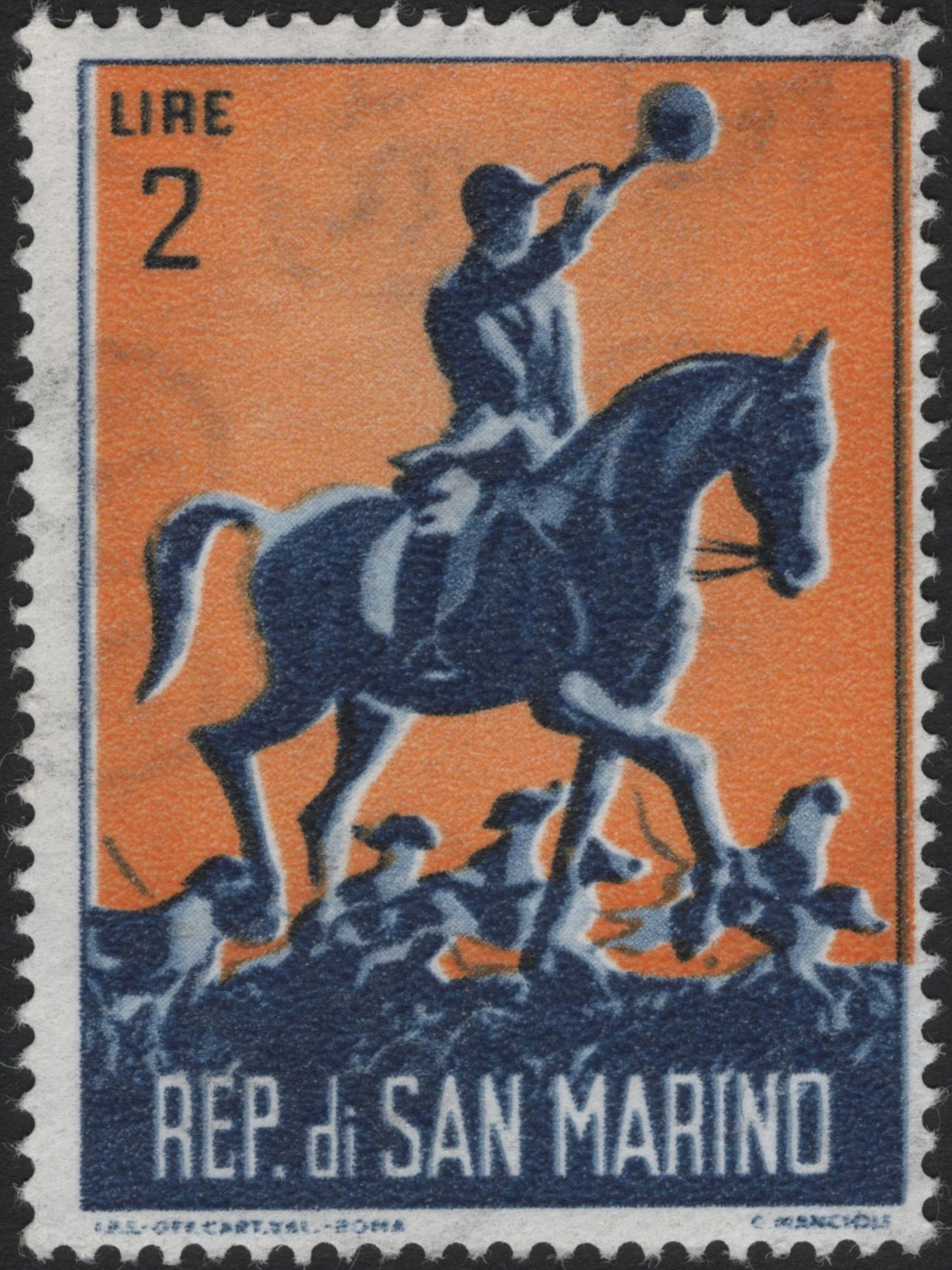 SCG3885 - San Marino 1950s – Hunting Scene (Horse and Hounds) – 2 Lire