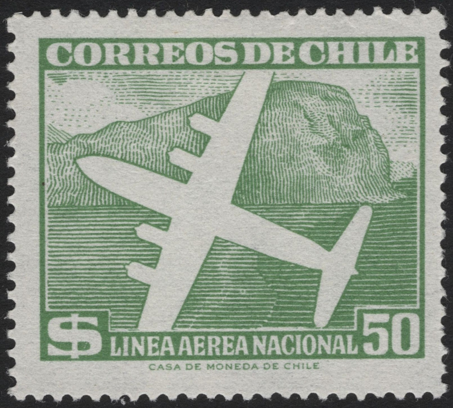 SCG4324 - Chile 1950s Airmail Stamp – $50 Green “Línea Aérea Nacional”
