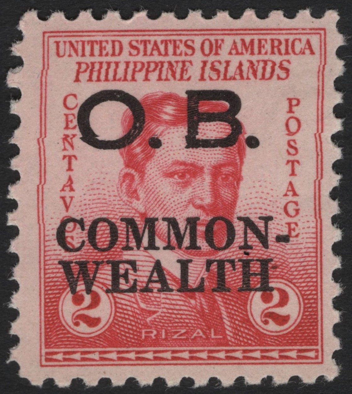 SCG4333 - Philippine Islands 1935–41 “O.B.” Official Overprint on 2c Rizal – Commonwealth Issue