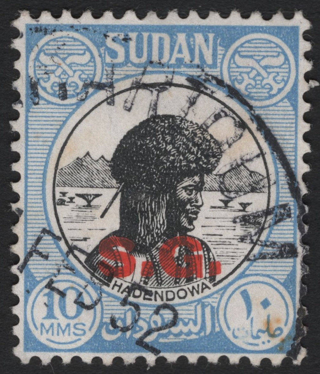 SCG4490 - Sudan 1902–21 10 Milliemes Blue & Black “Hadendowa Warrior” with Red S.G. Overprint
