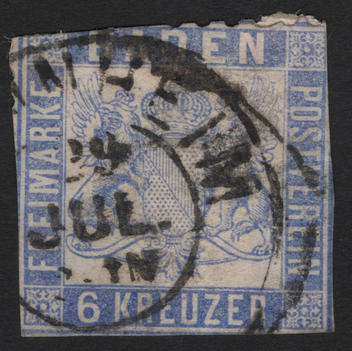 SCG4492 - Baden 1853 – 6 Kreuzer Blue (Coat of Arms, Imperforate, Used)