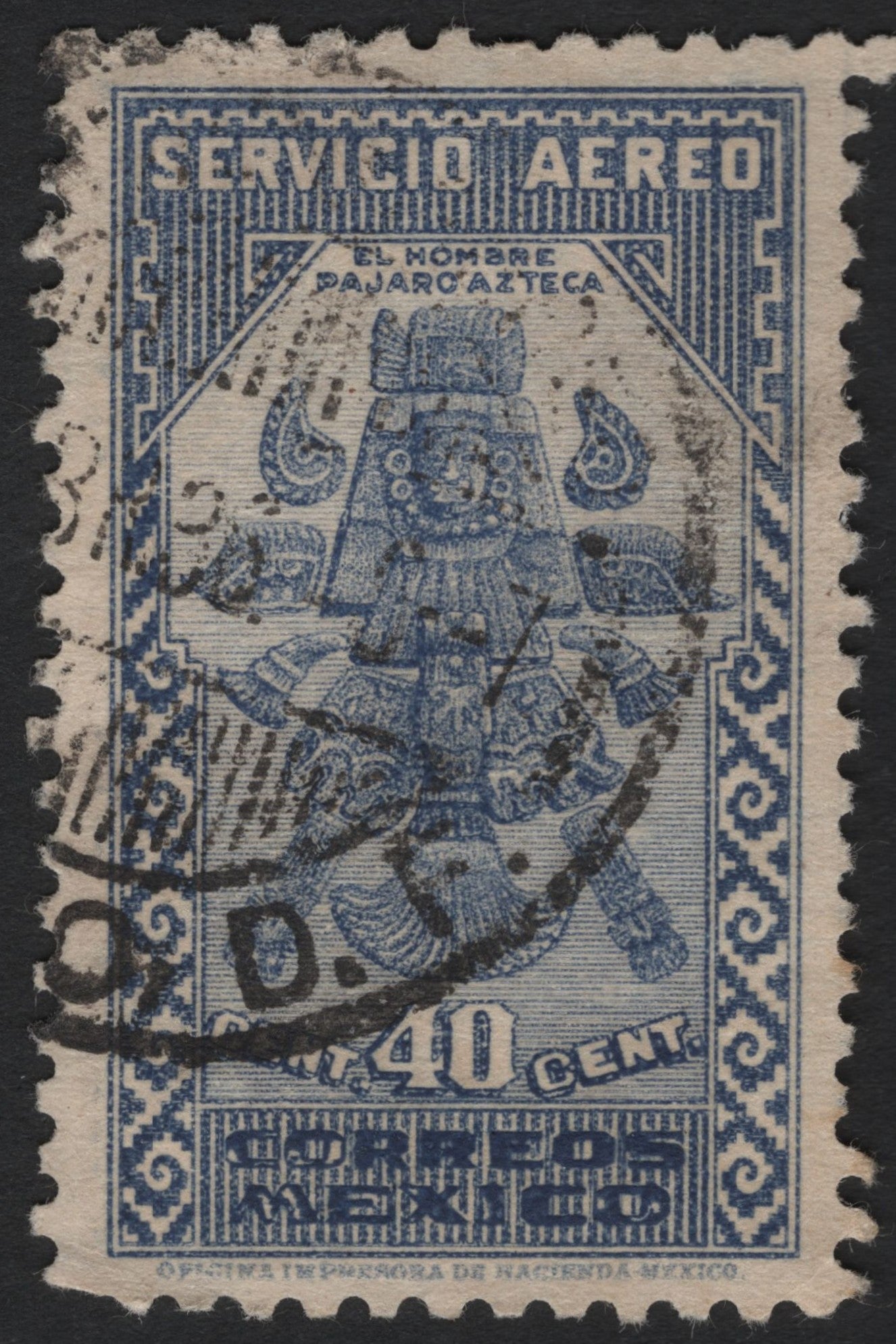 SCG4519 - Mexico 1934 Airmail Stamp – Aztec Bird-Man, 40 Centavos Blue