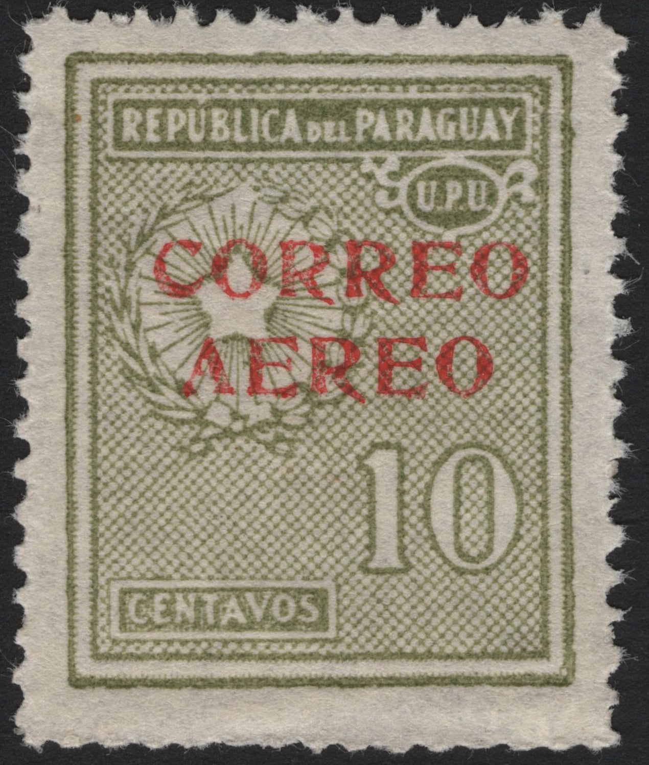 SCG4529 - Paraguay 1920s Airmail Overprint – 10 Centavos Olive Green
