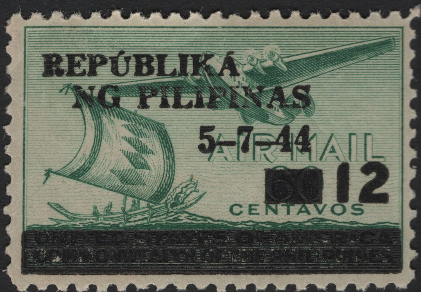 SCG4532 - Philippines 1944 “Republika ng Pilipinas” Airmail Overprint – 12c on 60c Green