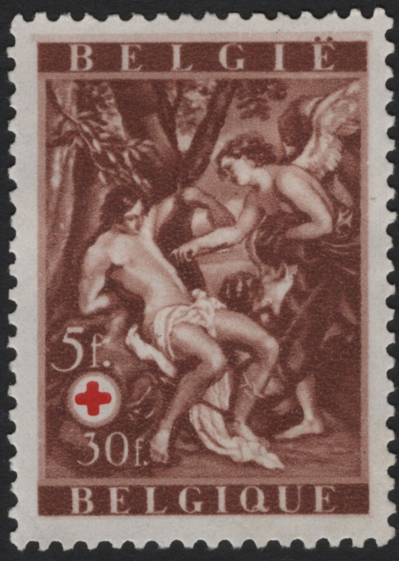 SCG4606 - Belgium 1947 Red Cross Semi-Postal – "Angel Assisting Wounded Man" (5f + 30f)