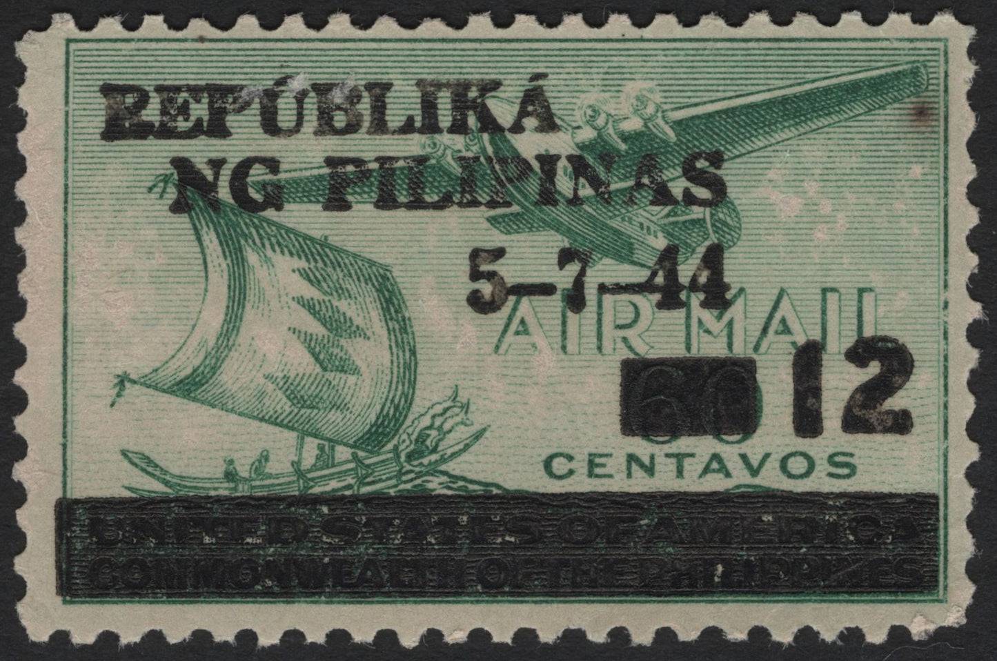 SCG4665 - Philippines 1944 Japanese Occupation Airmail Overprint – 12c on 60c Green