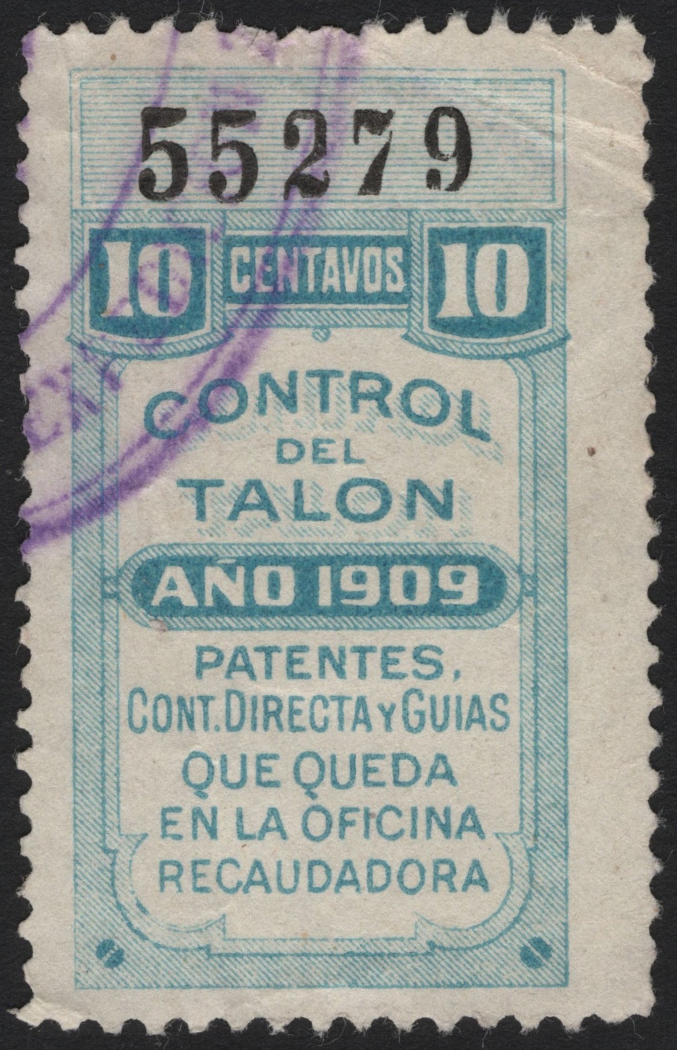 SCG4830 - Mexico 1909 Fiscal Revenue Stamp – 10 Centavos "Control del Talon"