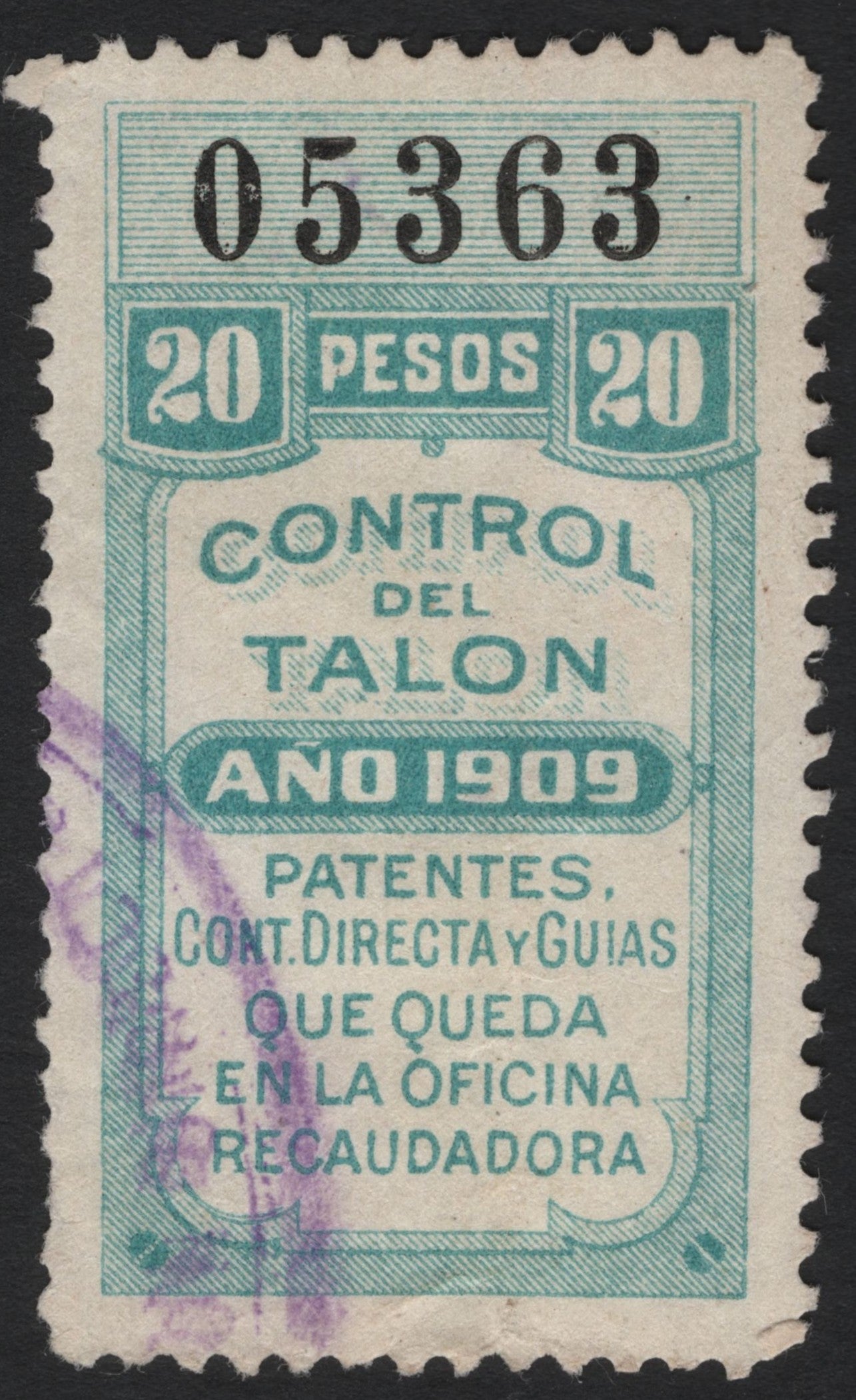 SCG4839 - Mexico 1909 Revenue Stamp – 20 Pesos "Control del Talón"