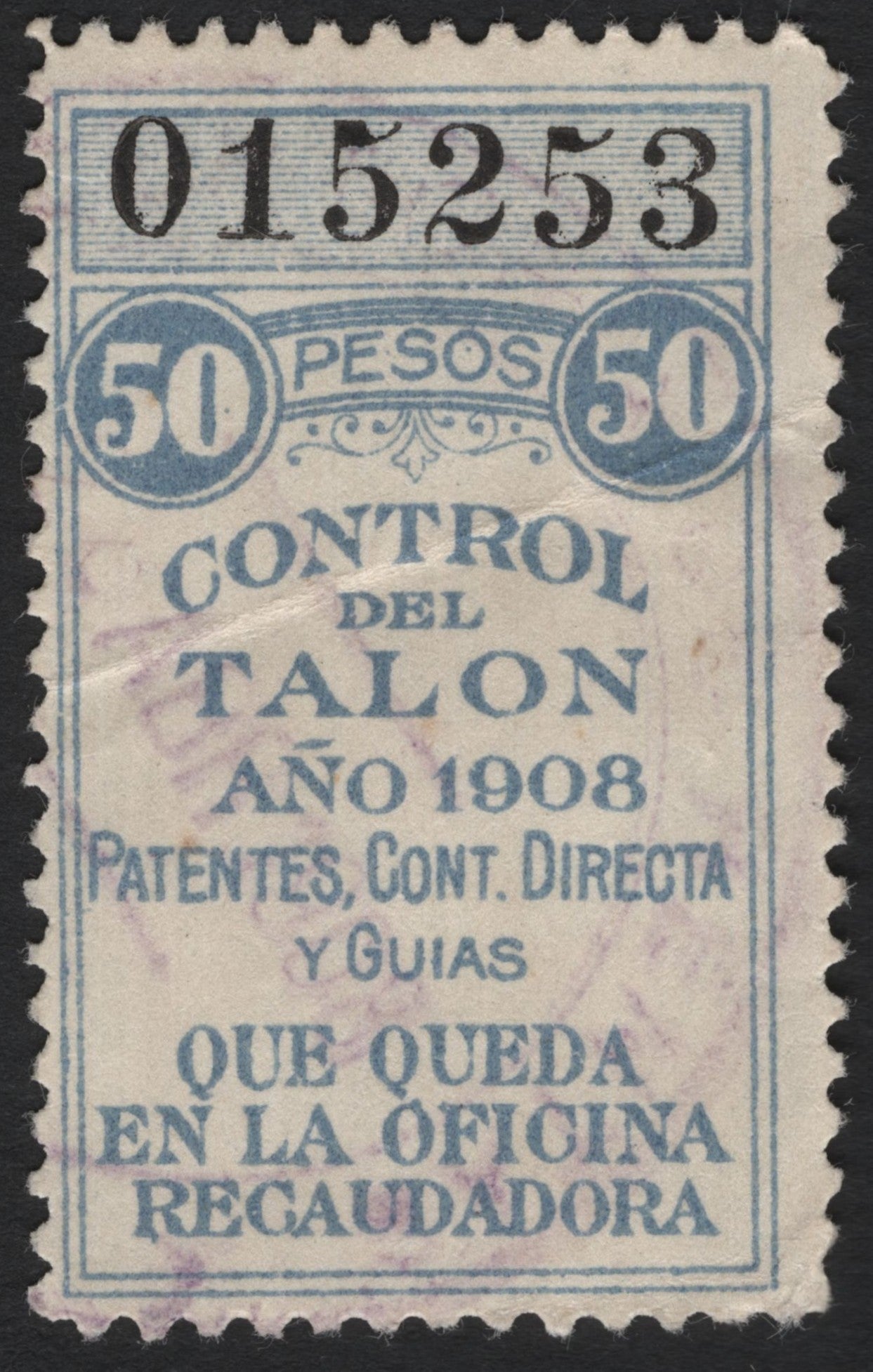 SCG4844 - Mexico 1908 Revenue Stamp – 50 Pesos, Control del Talon