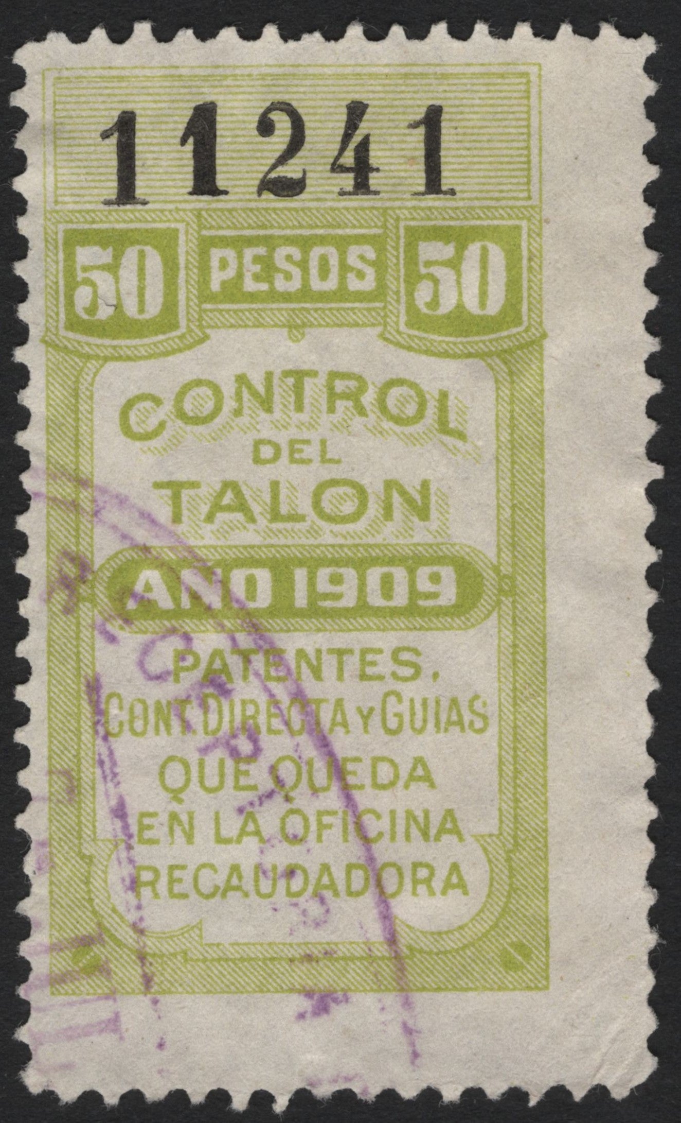 SCG4845 - Mexico 1909 Revenue Stamp – 50 Pesos "Control del Talón"