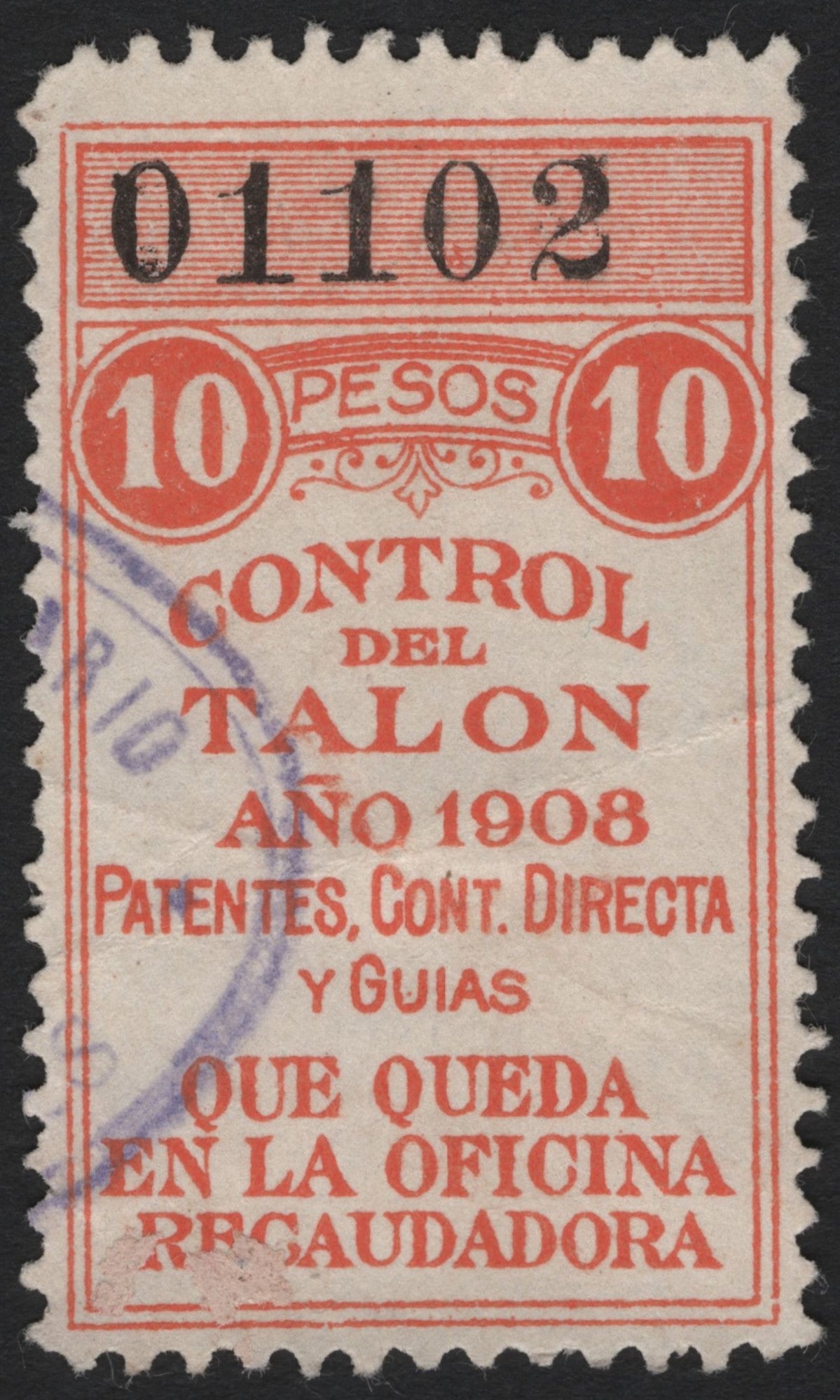 SCG4846 - Mexico 1908 Fiscal Revenue Stamp – 10 Pesos “Control del Talon”