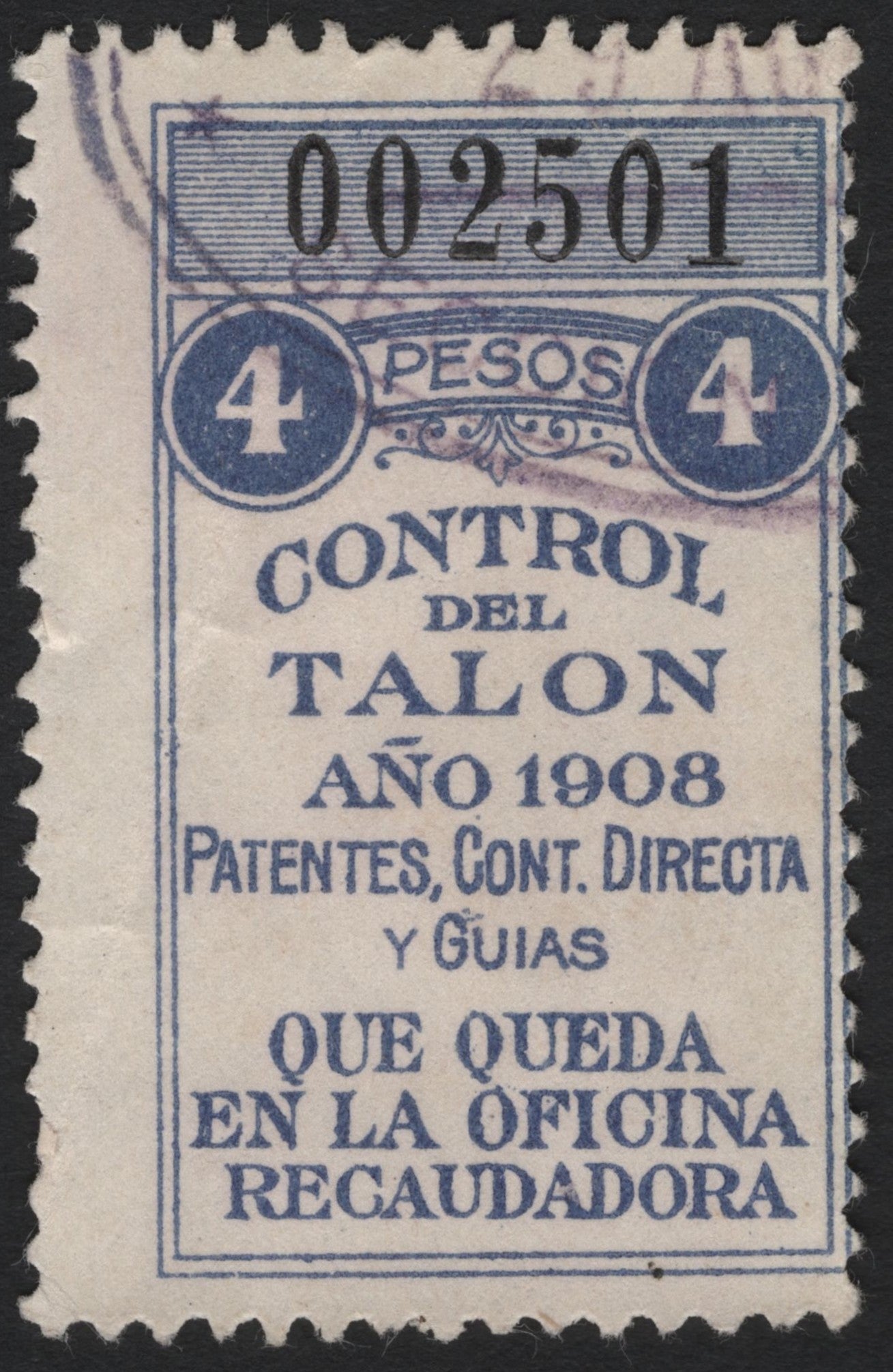 SCG4847 - Mexico 1908 Revenue Stamp – Control del Talón, 4 Pesos