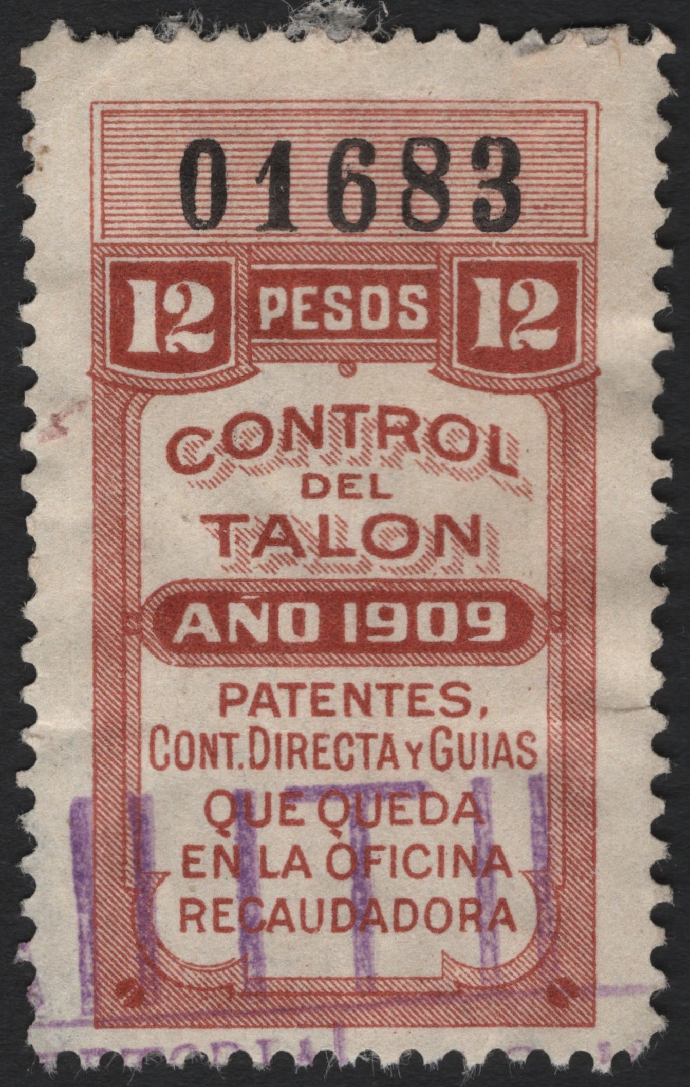 SCG4849 - Mexico 1909 Revenue Stamp – 12 Pesos “Control del Talon”