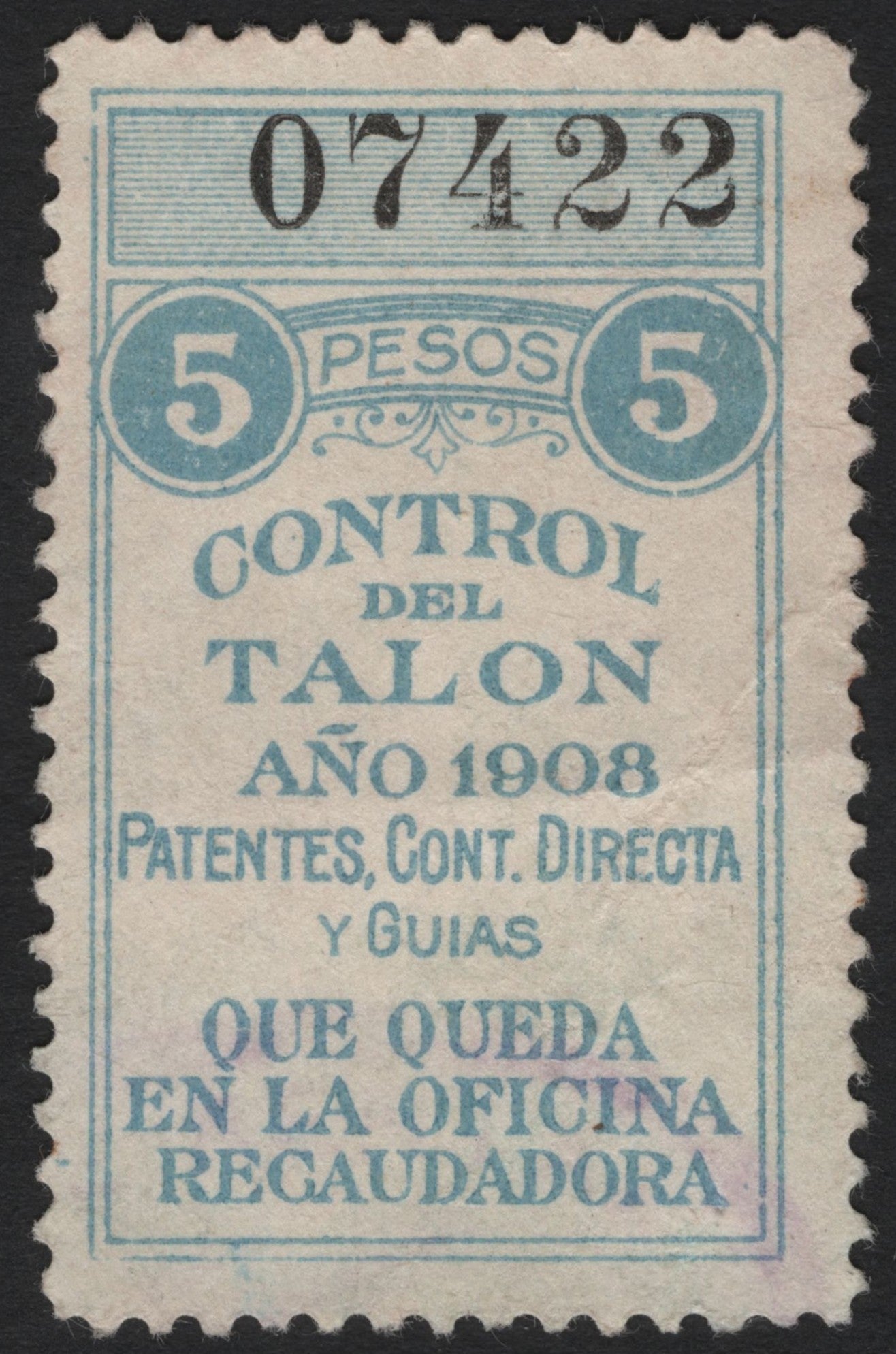 SCG4850 - Mexico 1908 Revenue Stamp – Control del Talon, 5 Pesos