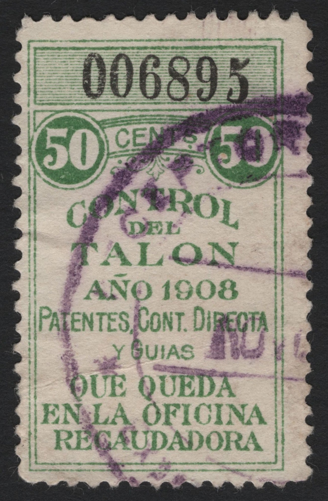 SCG4851 - Mexico 1908 Revenue Stamp – 50 Centavos "Control del Talon"