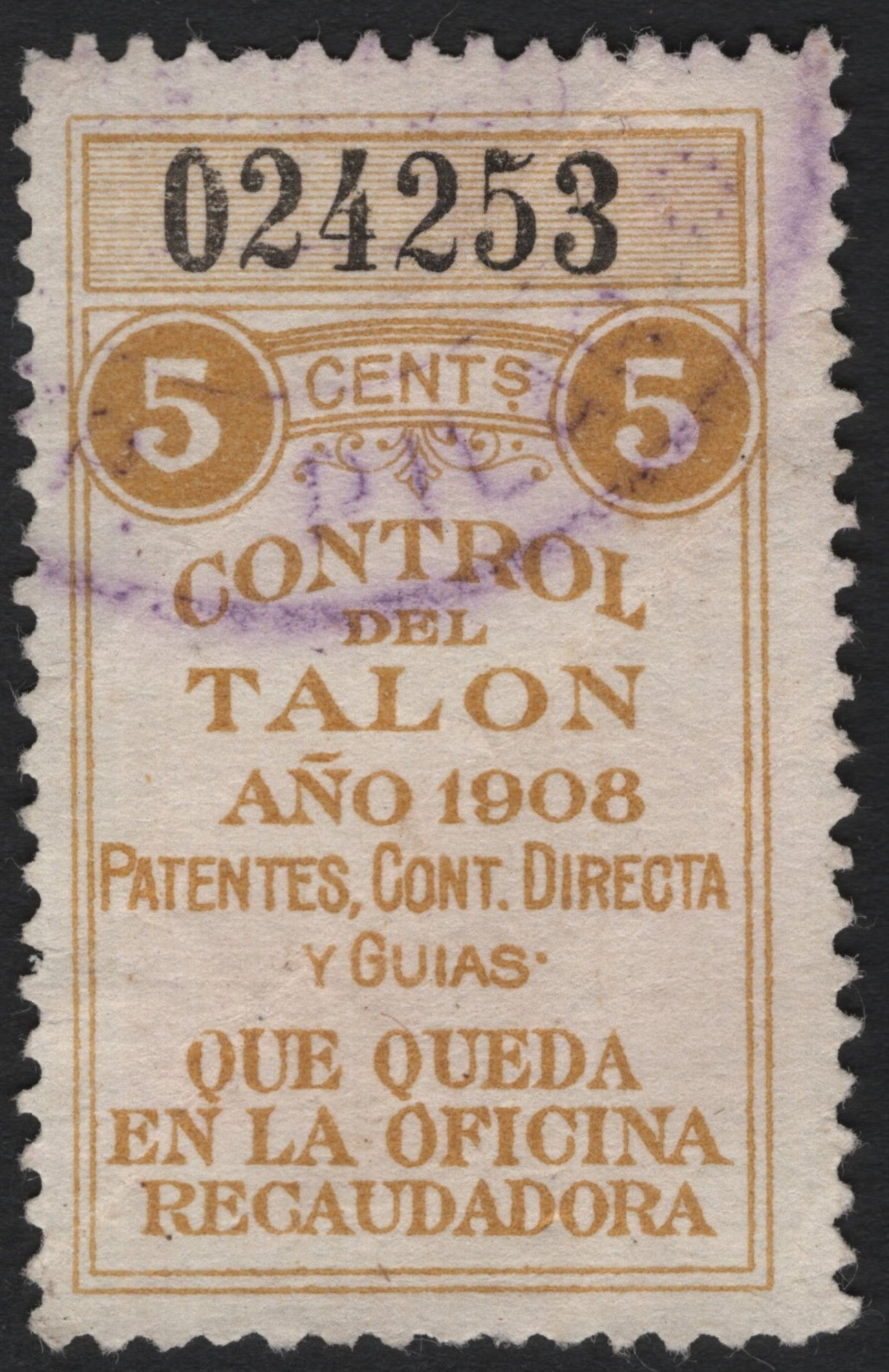 SCG4854 - Mexico 1908 Revenue Stamp – 5 Centavos "Control del Talón"