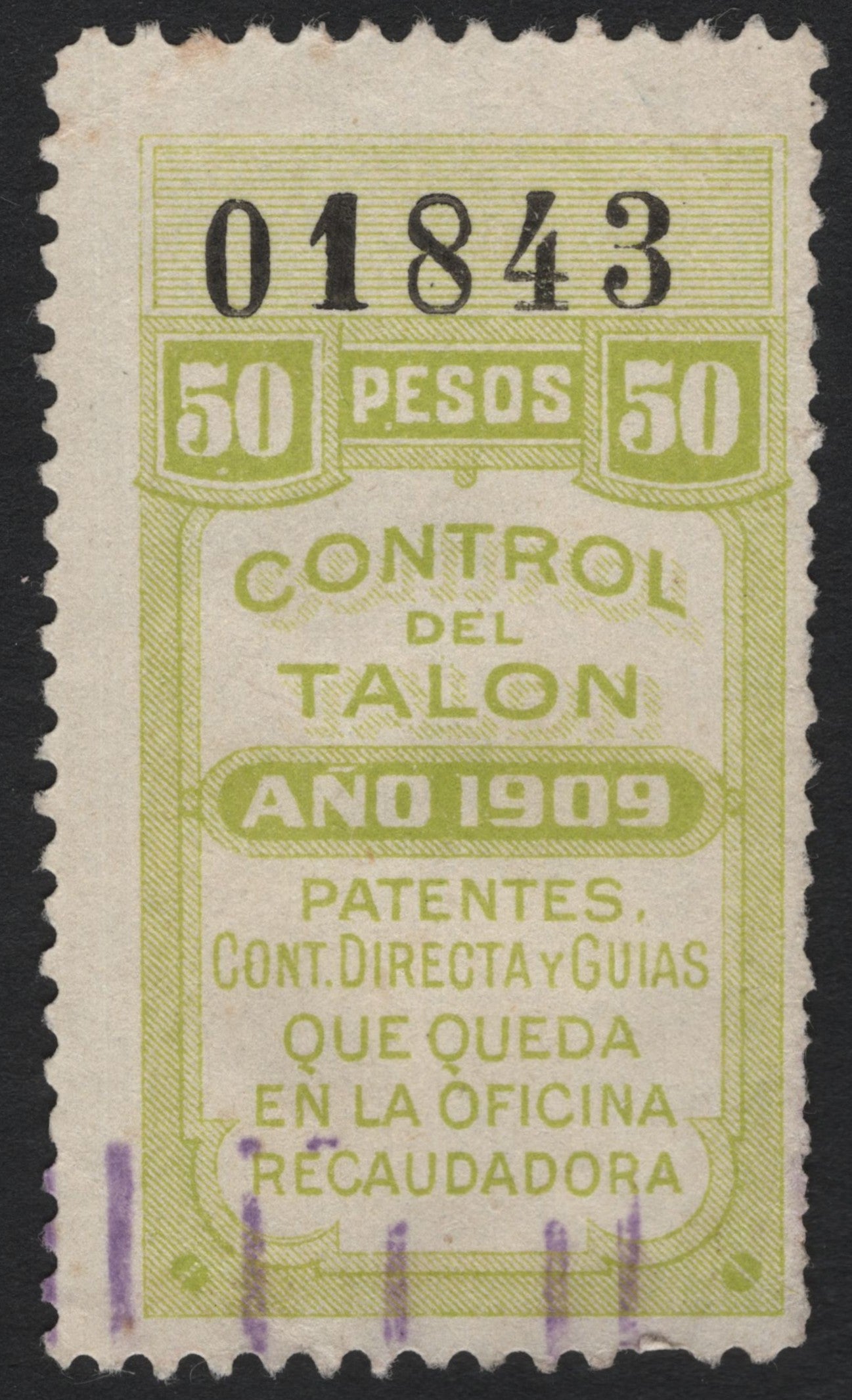 SCG4834 - Mexico 1909 Revenue Stamp – 50 Pesos “Control del Talon”