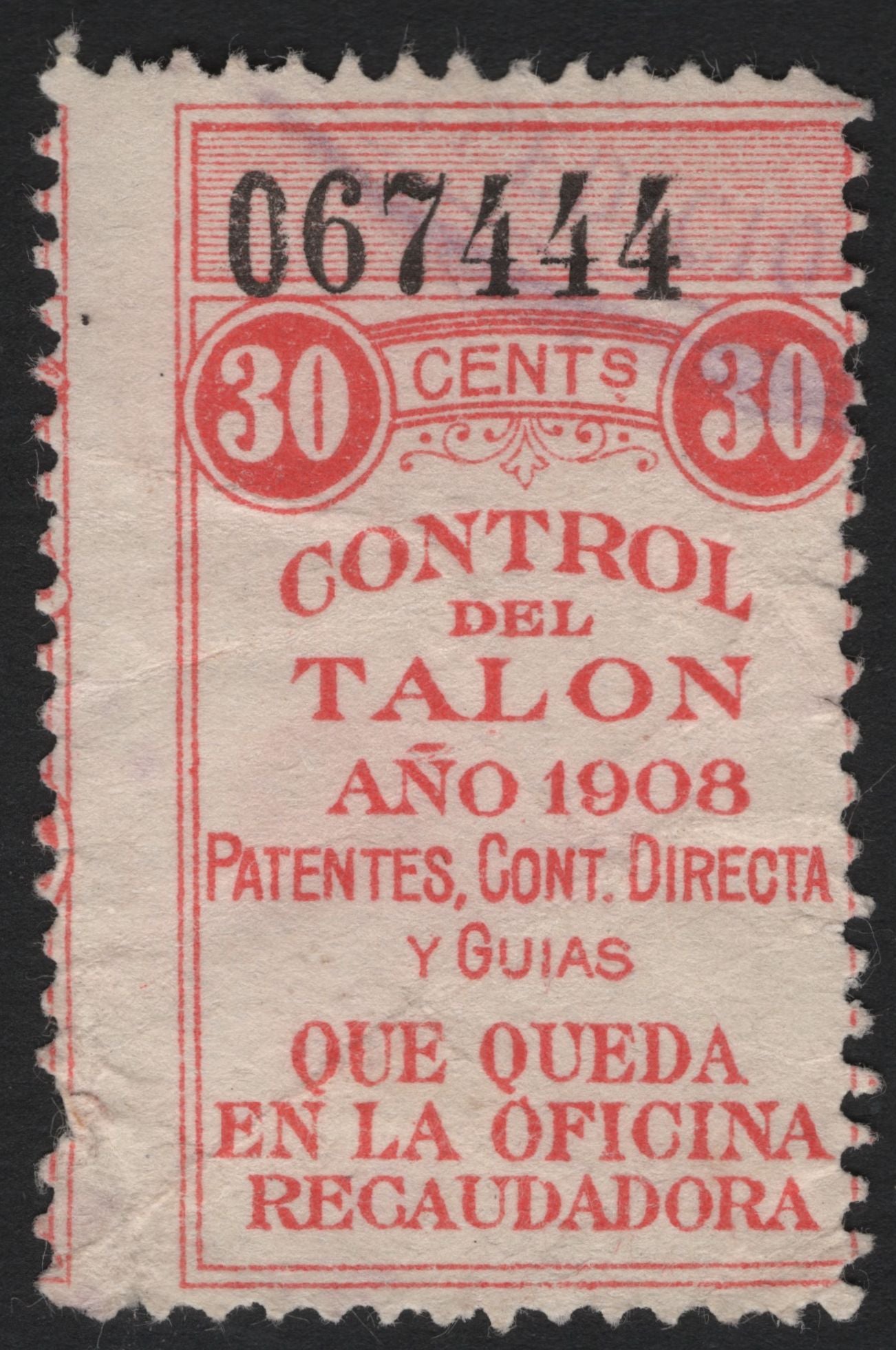 SCG4855 - Mexico 1908 Revenue Stamp – 30 Cents “Control del Talon”