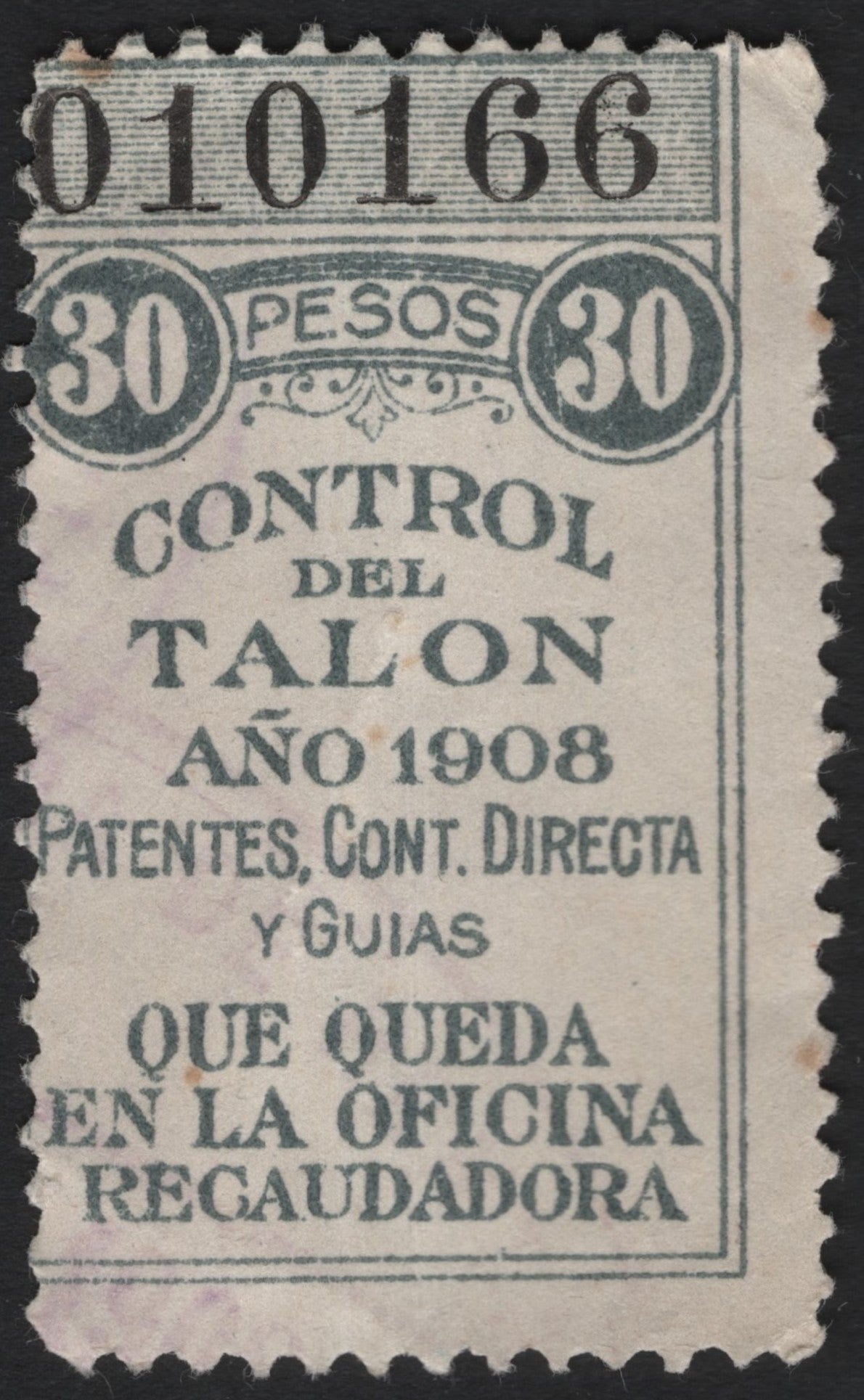 SCG4856 - Mexico 1908 Revenue Stamp – Control del Talon, 30 Pesos