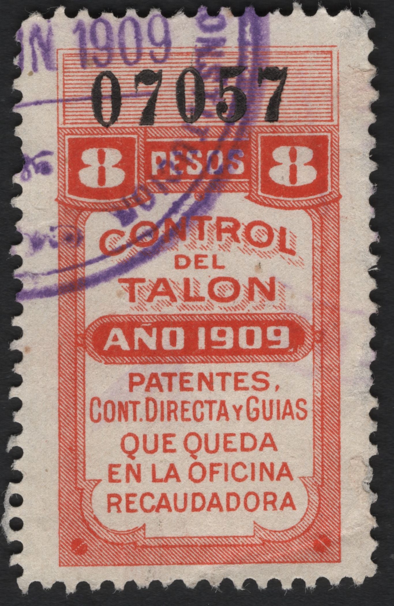 SCG4858 - Mexico 1909 Revenue Stamp – 8 Pesos “Control del Talon”